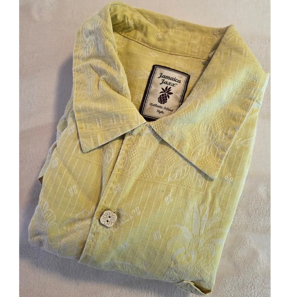Vintage Silk Tropical Jacquard Yellow Pineapple Resort Hawaiian Button Up Medium